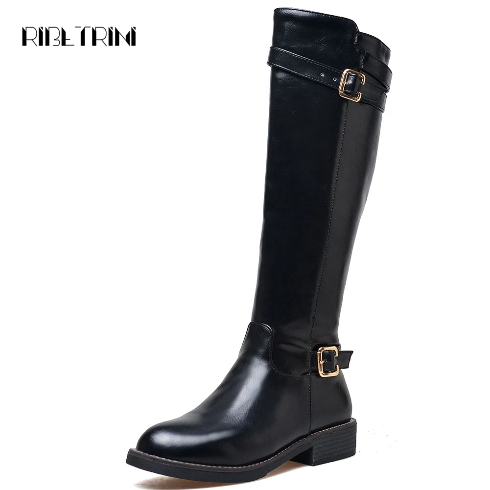 

RIBETRINI Motorcycle Boots For Women 2019 Chunky Heel Shoes Woman Zipper Closure Doubule Buckle Boots Platform Knee High Boots