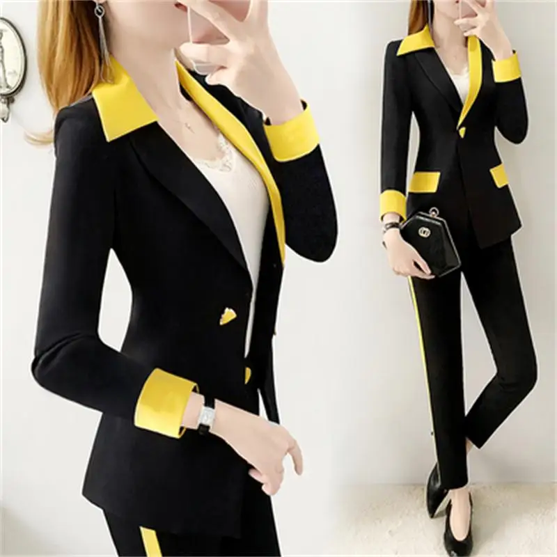 

Fashion pants suit female spring fall New High end Temperament stitching casual business suit + pants two-piece suit women