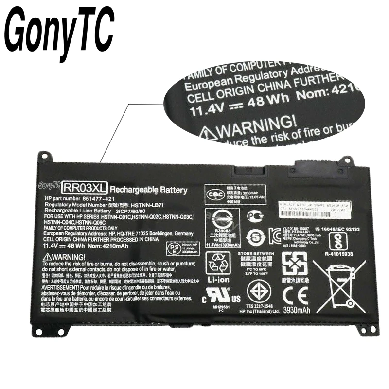 GONYTC RR03XL Аккумулятор для ноутбука HP ProBook 430 440 450 455 470 G4 серии HSTNN-LB7I HSTNN-PB6W HSTNN-UB7C HTTNN-Q01C Q02C