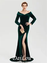 Sheath / Column Celebrity Style Furcal Formal Evening Dress Off Shoulder Long Sleeve Sweep / Brush Train Velvet with Split 2021