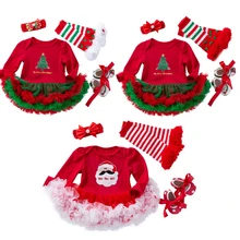 Детские платья из 4 предметов, Детский комбинезон для рождественской вечеринки, комплект с платьем для девочек, кружевная одежда с оборками+ гетры+ Первые ходунки+ костюм с повязкой на голову