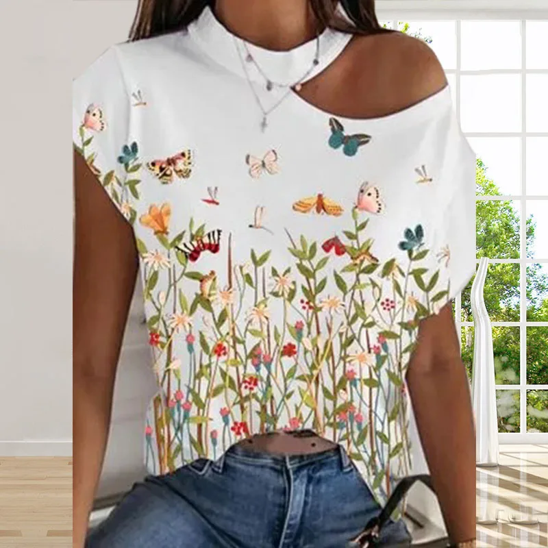 Summer Loose Short-sleeved Print Casual Pullover Round Neck Strapless T-shirt Personalized Ladies Print Tops Plus Size 3 Colors