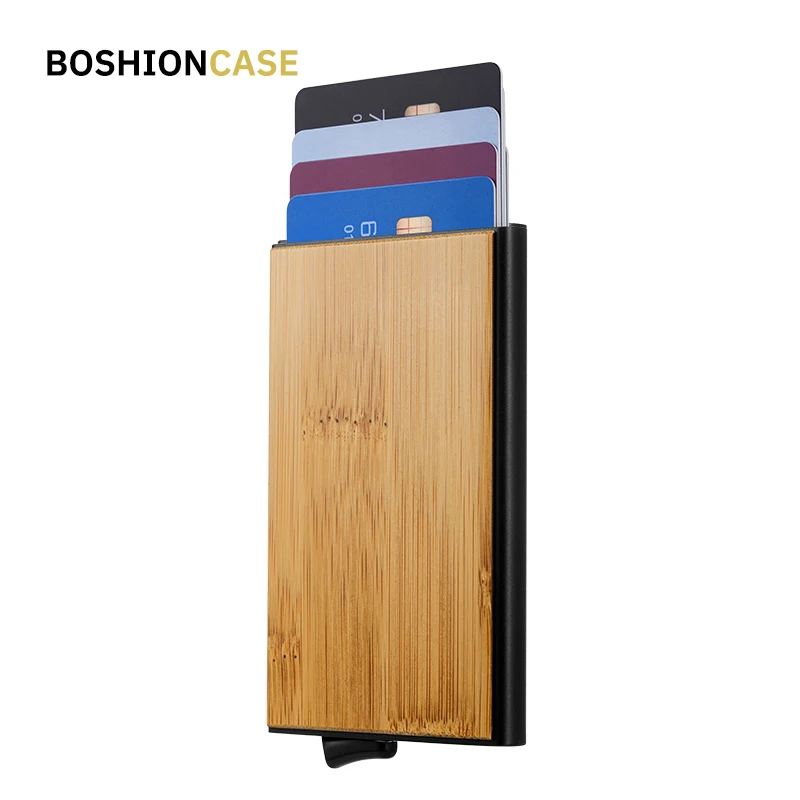 

BOSHIONCASE Metal Case Credit Card Holder Business Mini Bamboo Design Rfid Wallet Travel Metal Case Porte Carte ID Cardholder