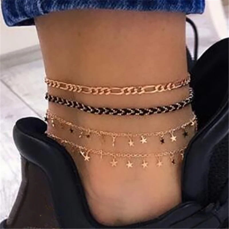 Tocona Gold Tiny Star Boho Anklets for Women Multi-layer Braided Rope Chain Charm Foot Bracelet Anklet Jewelry Tobillera 8383