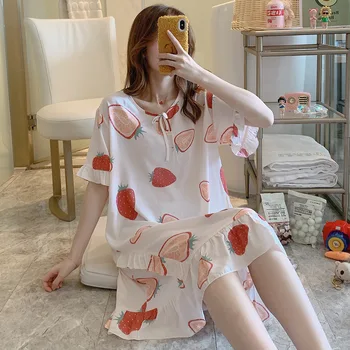 

Nightdress Female Summer Thin Short-sleeved Viscose Home Dress Cute Fruit Cartoon Women Nightwear Nightgown Nuisette Femme