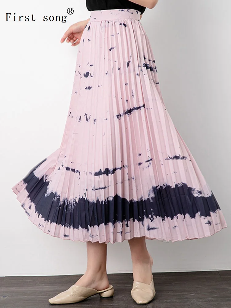 

Free shipping show craft ink printing A word line pleated skirt 2020 ladies summer skirt fashion big swing personality skirt XL