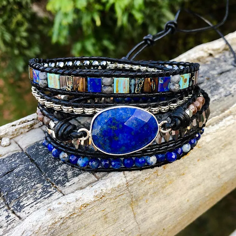 Браслет из натурального камня Lapis, винтажный кожаный браслет в стиле бохо ручной работы, 5 браслетов для женщин и мужчин, Прямая поставка