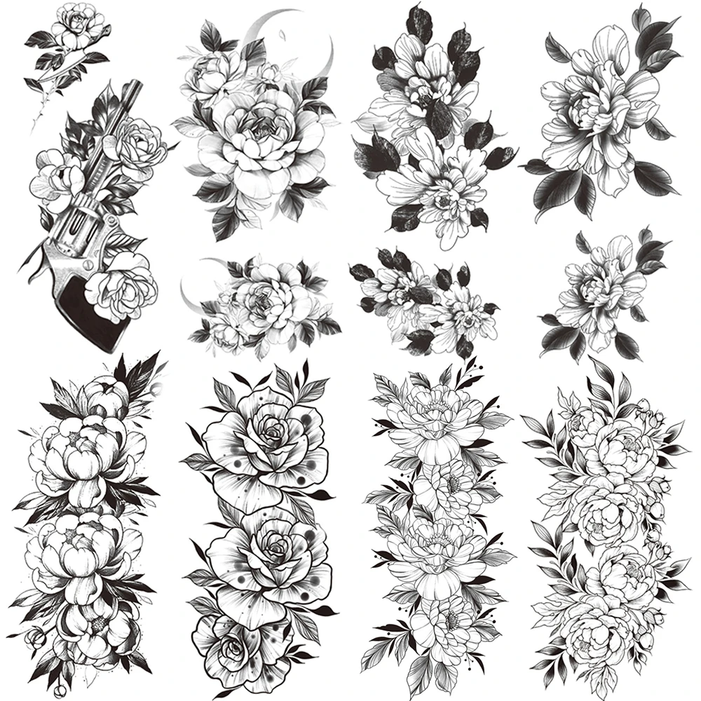 AK47 – autocollants de tatouage temporaire pour femmes, motif fleur, noir, grand  camélia, Rose, mains, bras, lys, marguerite, feuilles imperméables |  AliExpress