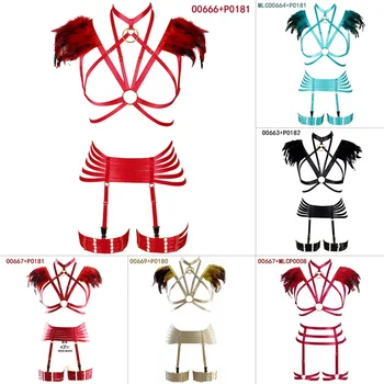 

Red Feather Epaulettes Shoulder Wings Festival Wedding Sexy Lingerie Set Halloween Winding Full Body Harness Cosplay for Womens