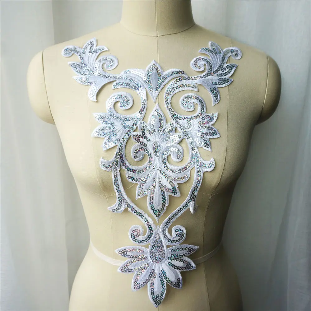 

Silver White Sequin Owl Embroidered Fabric Trims Wedding Gown Appliques Collar Mesh Sew Iron On Patches For Dress DIY Decoration