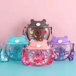 Cute Spray Children Straw Water Bottle With Rope Leak-Proof Sports Camping Student Bottle Cartoon Donut Cup
