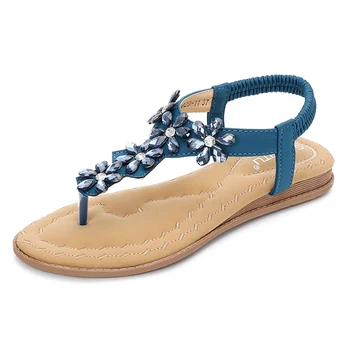 

Women Sandals Bohemia Sides Crystal Floral Women Casual Blue Shoes Beach Summer Girl Flip Flops Gladiator Fashion Flats Big Size