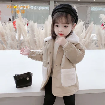 

XIAOLUMAO Girls Winter Fur And Velvet Mid-length Coat Girl Plaid Fashion Lapel Coat Baby Pure Cotton Packet Thick Warm Jacket