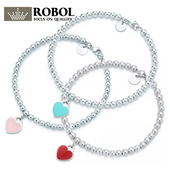 

SL TFB RLLEN Charm 925 Sterling Silver Bracelet Green Pink Red Heart Shaped Women's Round Silverware Matching Jewelry Bracelet