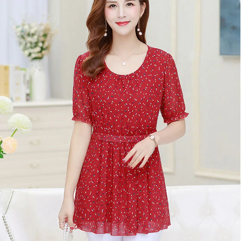 

Women Spring Summer Style Chiffon Blouses Shirts Lady Casual Short Sleeve Pleated Flower Printed Blusas Tops DF2881