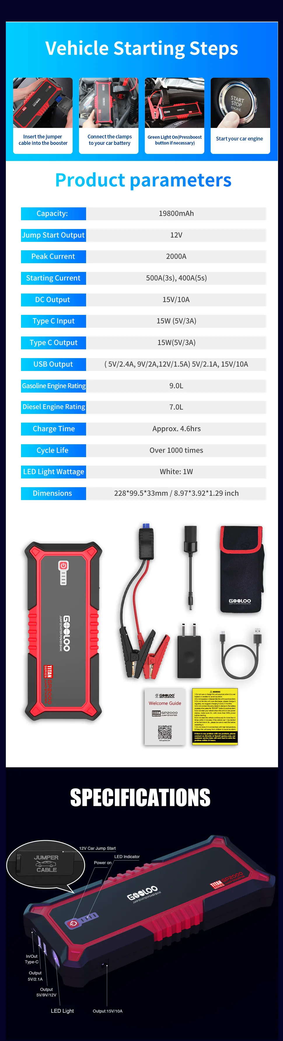 Gooloo 19800mah Portátil Power Bank 2000a ir para Iniciantes Dispositivo Carregador de Carro Acampamento 12v Bateria Impulsionador Fonte Alimentação Emergência 15 Computers & Electronics