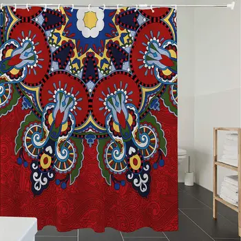 

Shower Curtain Fabric Polyester Fabric,Waterproof, Machine Washable, Red Mandala,Russian and Ukranian Ethnic Lace Like Flowers