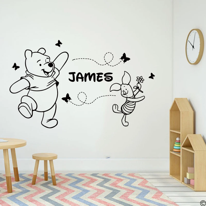 Cartoon Custom Name Winnie the Pooh Wall Sticker Nursery Kids Room Personalize Name Winnie the Pooh and Piglet Butterflies Decal (2)