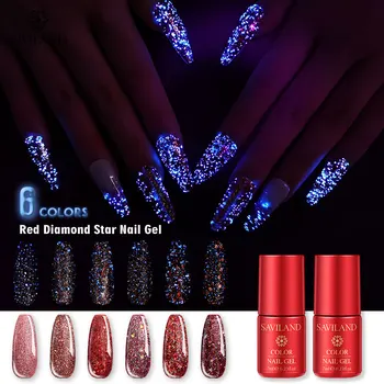 

SAVILAND Red Diamond Glow In The Dark Gel Nail Polish Superfine Platinum Sparkle Highlight Soak Off UV for DIY Nail Art Design