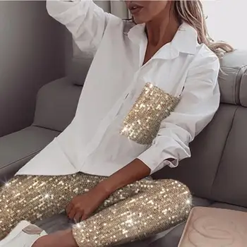 

Women Sequin Long Sleeve Shirt & Glitter Shiny Sets Women Print 2 Pieces Snake Skin Printed Sets Female Summer Spring Set