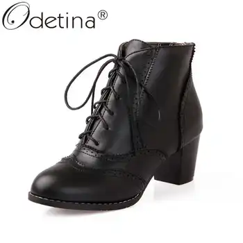 

Odetina Women Fashion Cross-tied Sewing Lace Up Round Toe Ankle Boots Vintage Block High Heel Lady Fretwork Winter Short Boots
