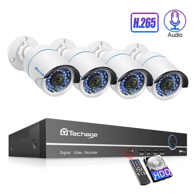  Techage 4CH 1080P POE NVR System 4pcs 2pcs 2MP H.265 Audio Record PoE IP CCTV Camera Waterproof Hom - 32969448467
