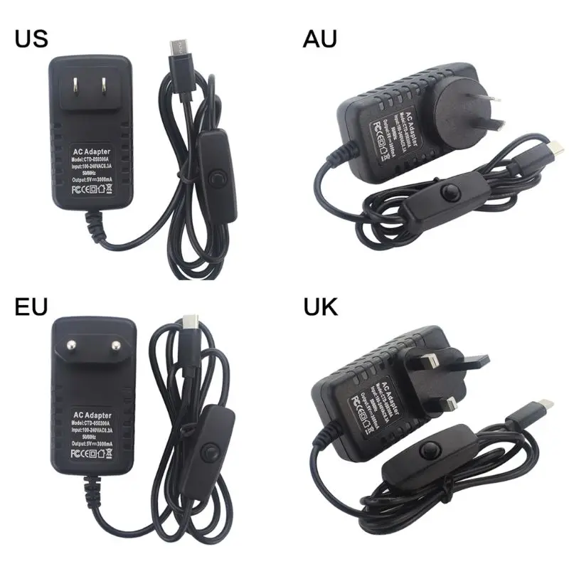 5 в 3 А Тип C зарядное устройство адаптер кабель питание с переключателем для Raspberry Pi 4 Модель B AU/UK/EU/US штекер