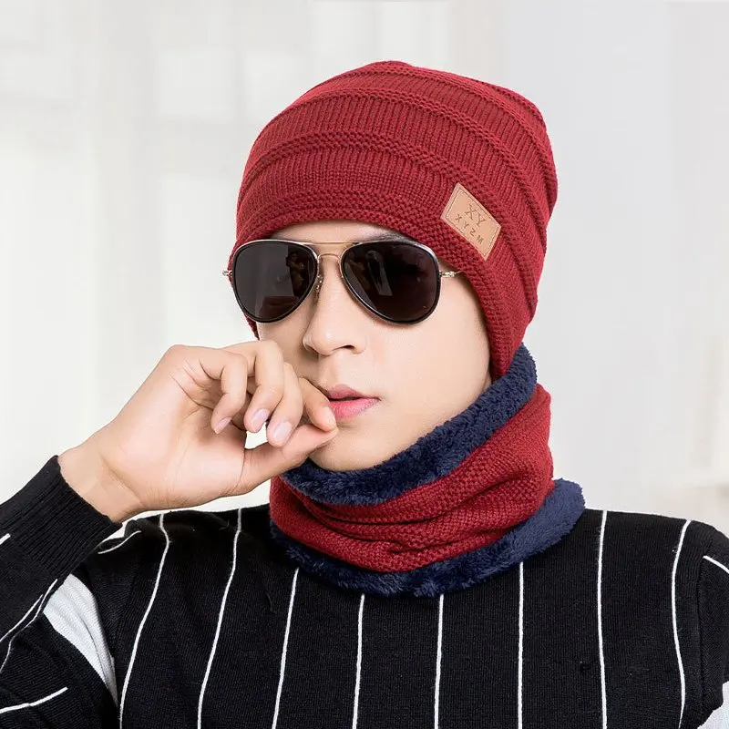 Wine red JNKET, теплые вязаные шапки, наборы, для взрослых, шапочки, шапка, зимние шапки, флисовая подкладка, Череп, шапка, шарф, эластичная вязаная шапка, шапка, шапка - Color: Wine red