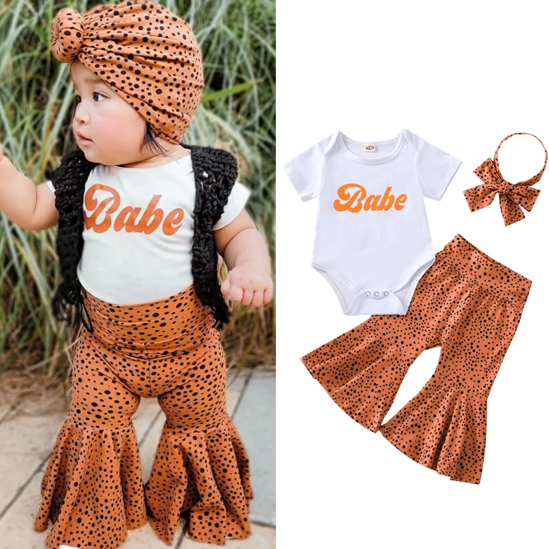 FOCUSNORM 0-24M Summer Lovely Baby Girls Clothes Sets Letter Short Sleeve Romper Leopard Flare Pants Headband | Детская одежда и