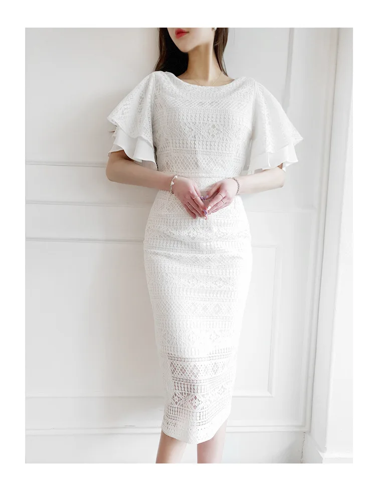 Лето стиль корейский стиль элегантный тонкий крой воланами рукава средней длины Мода Оболочка Кружева платье для белой офисной леди