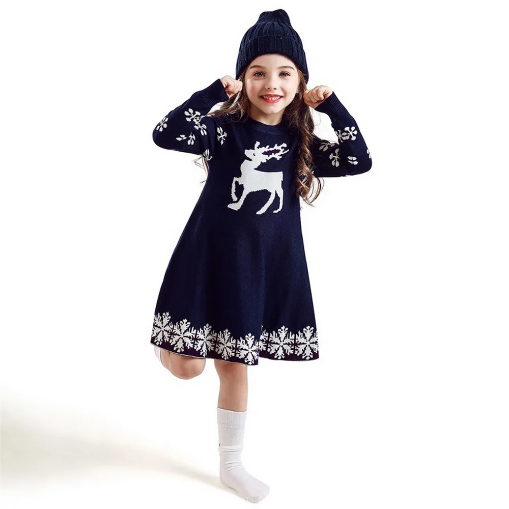 Christmas Dress Girl Elk Print Knee Length Dress Autumn Winter Long Sleeve Party Dress Cute kids Dresses For Girls vestidos D30