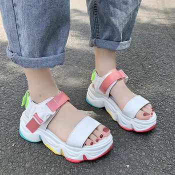 

COOTELILI Women Summer Buckle Heel Height 5.5cm Fashion Shoes Platform Sandals 2020 New Fashion Rainbow Sole Sandals Basics