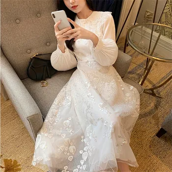 

Spring Patchwork White Dress Women Double Turn Down Collar Stain Mesh Dress Embroidery Single Breasted Party Long Dress A141