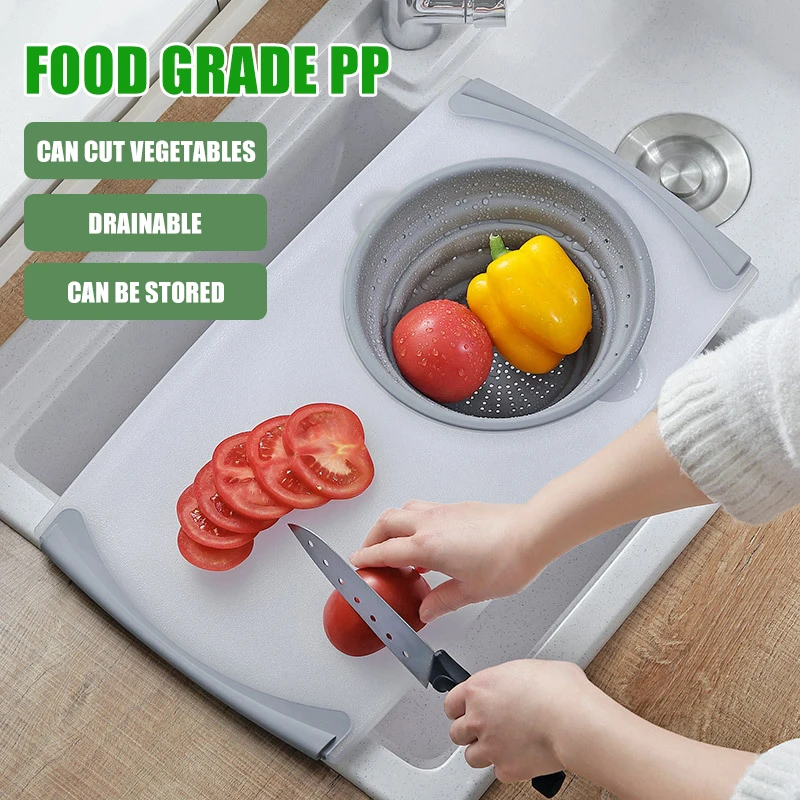 

3 in 1 Folding Cutting Board Basket Collapsible Dish Tub with Draining Plug Colander Fruits Vegetable Storage Basket