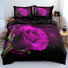 

3D Purple Rose Quilt Cover Set Black Duvet Cover Set Comfortable Bed Linen Pillowcases Single Full Queen King Sizes For Bedroom