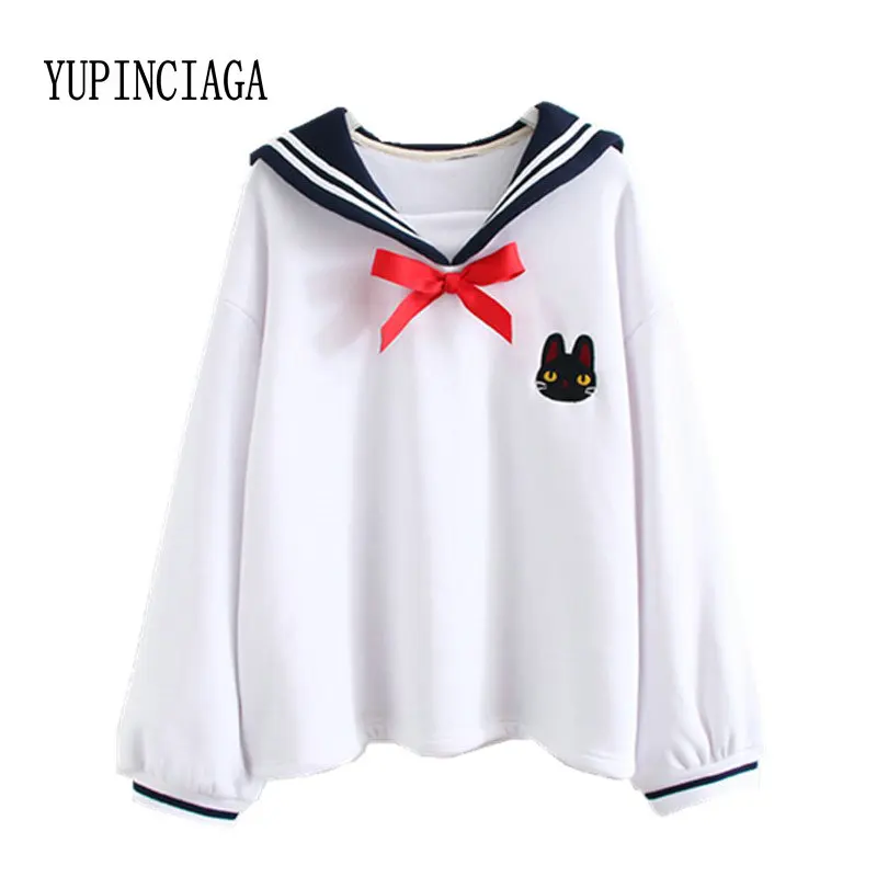 YUPINCIAGA, женские свитшоты, пуловер, Kawaii, милый, свободный, с галстуком-бабочкой, с вышивкой в виде кота, темно-синие свитшоты, белый, темно-синий, худи для девочек