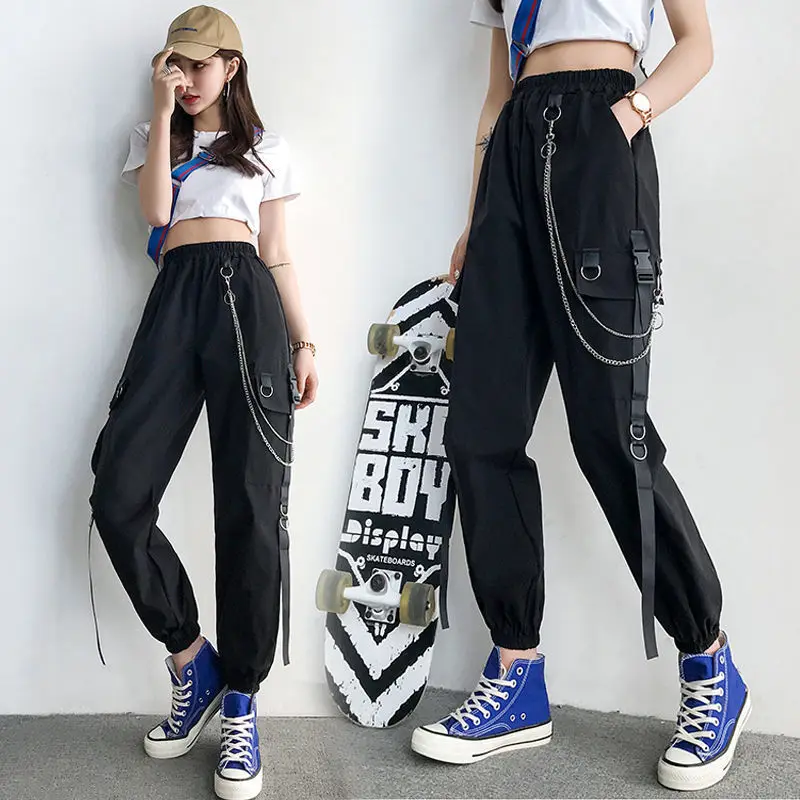 Handsome Ankle Banded Pants Cargo Pants Women Thin 2020 Fall Hip Hop Harajuku Style High Waist Loose Straight Harlan Harem Pants women s ripped jeans old high waist loose wild korean version of mother jeans women are thin straight harem pants