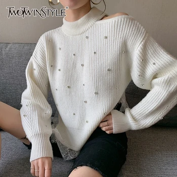 

TWOTWINSTYLE Striped Patchwork Diamond Knitwear For Women O Neck Long Sleeve Lace Chic Tops Female 2020 Autumn Fashion New Tide