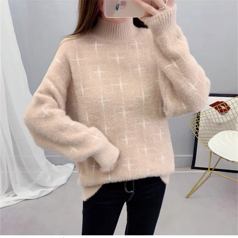 

Geometry Turtleneck Loose Casual Fashion Warm Knitted Sweater Pullover Autumn Knitwear Sueter Mujer Long Sleeve Women New 2019