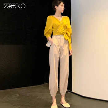 

Korean Autumn Women Outfits 2 Piece Set V Neck Bow Bandage Shirt Top + High Waist Pants Sets Female Tracksuit Matching Sets