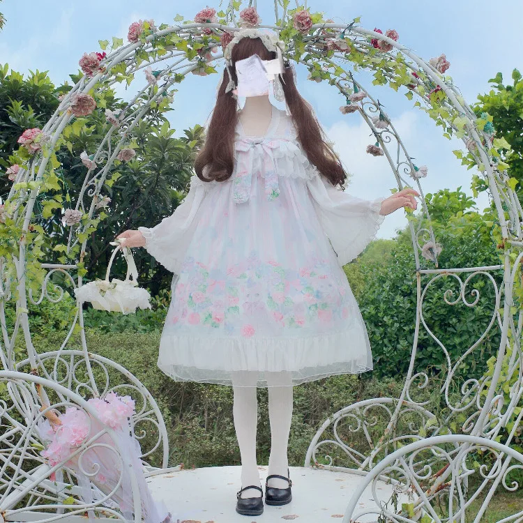 

Japanese Women's Sweet Lolita JSK Dress Sleeveless Student Cartoon Print Bowknot Ruffle Dress Teen Girl Slim Cute Princess Dress