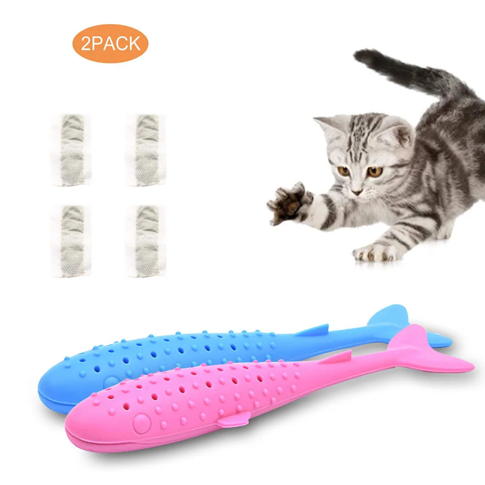 2 упаковки игрушка для жевания кошек с 4 сумками Catnip Нетоксичная Мягкая Силиконовая зубная щетка для кошек в форме рыбки игрушка многоразового использования с Catnip - Цвет: Blue and Red