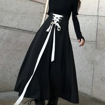 

LANMREM 2020 autumn New Arrivals High Waist Solid Pattern Women Corset Vintage Was Thin Ankle Length A-line Skirt AY58901