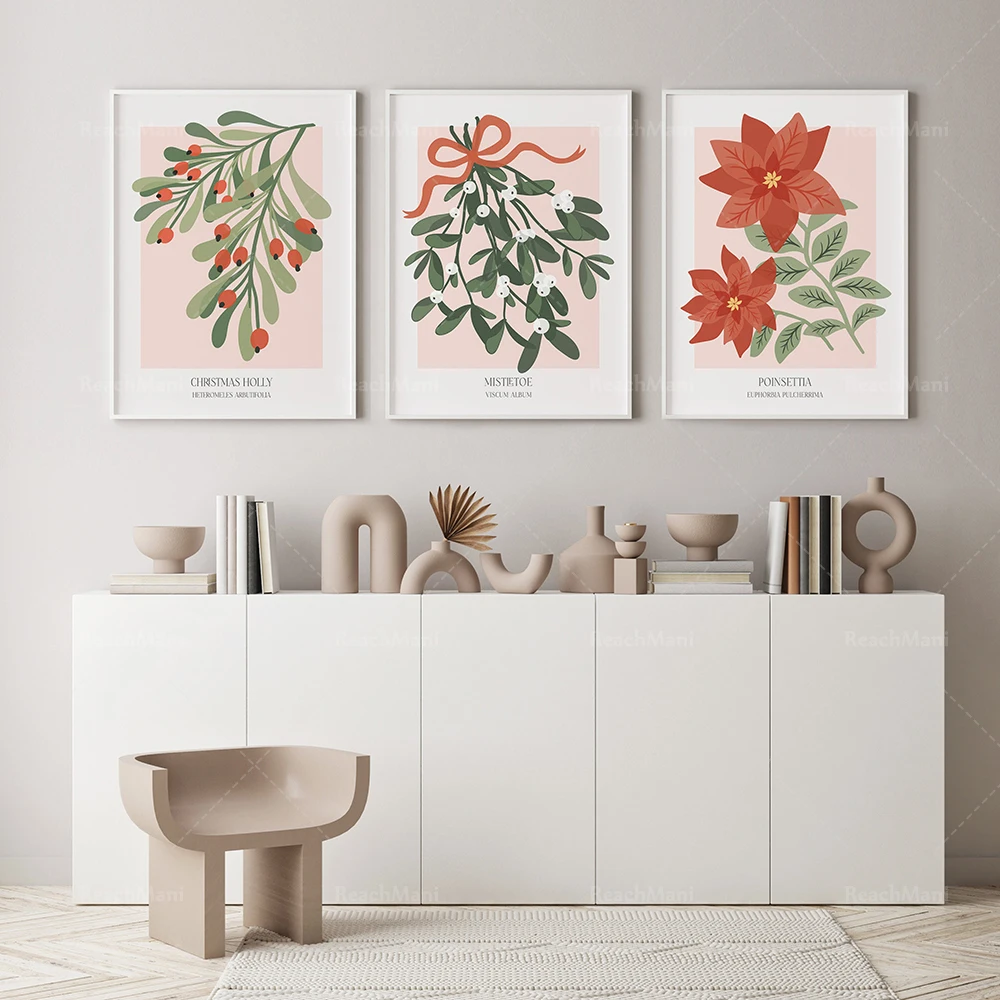 

Plant Christmas Prints, Christmas Holly, Poinsettia, Mistletoe Print Modern Christmas Plant Decoration Wall Art Canvas Print Pos