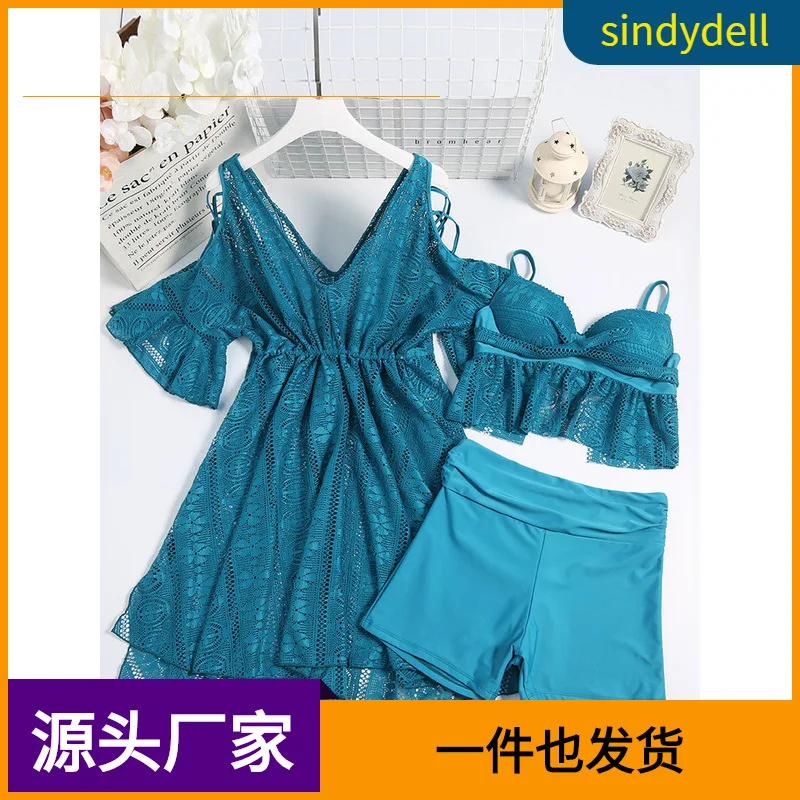 

Loose-Fit WOMEN'S Swimsuit Large Size Bikini Three-piece Set Hot Springs Fat Mm 200 Sexy Lace Slimming Large Bust Underwire