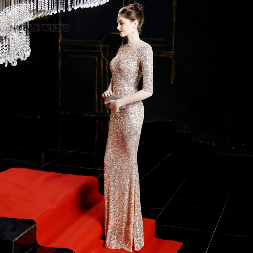 evening dresses gold mermaid elastic sequin beading party dress sexy long prom gown with half sleeves