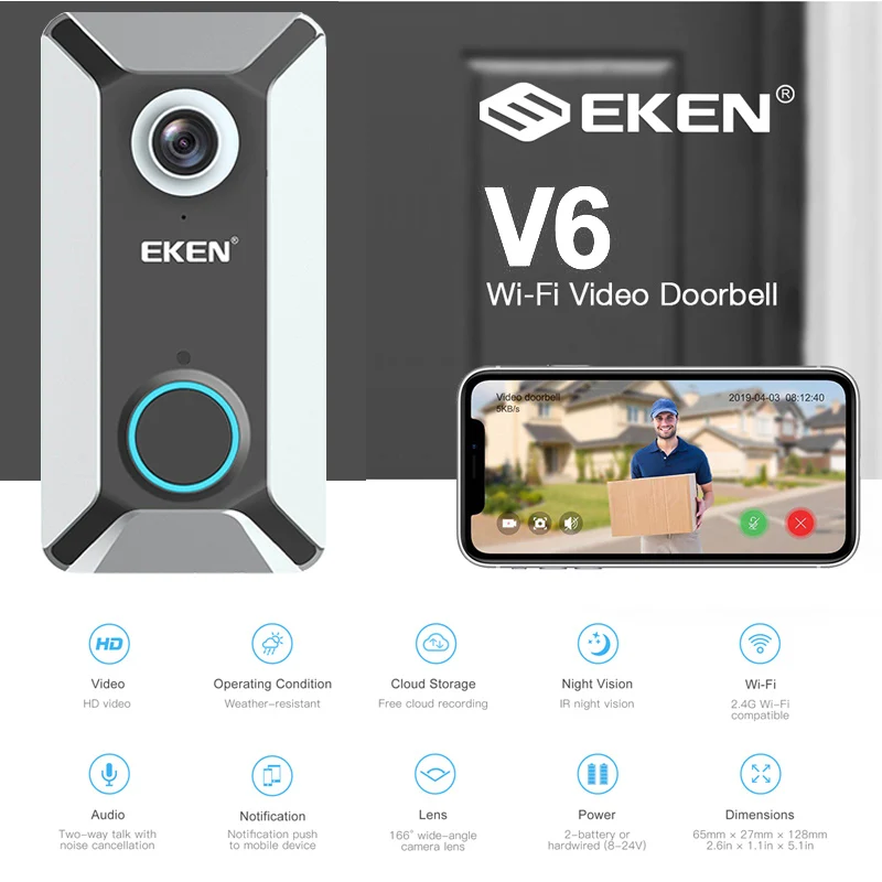 Умный беспроводной Видеозвонок EKEN V6 720P водонепроницаемый с Wi Fi|Дверной звонок| |