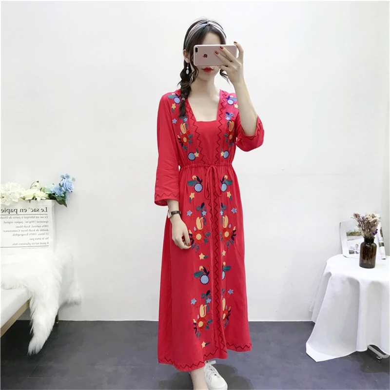 Boho Chic vestidos льняное хлопковое пляжное богемное Платье макси с цветочной вышивкой женское летнее платье с v-образным вырезом