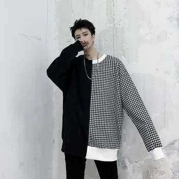 

Men's sweatshirt 2020 spring new stitching houndstooth stitching round neck sweatshirt youth personality trend men's clothing