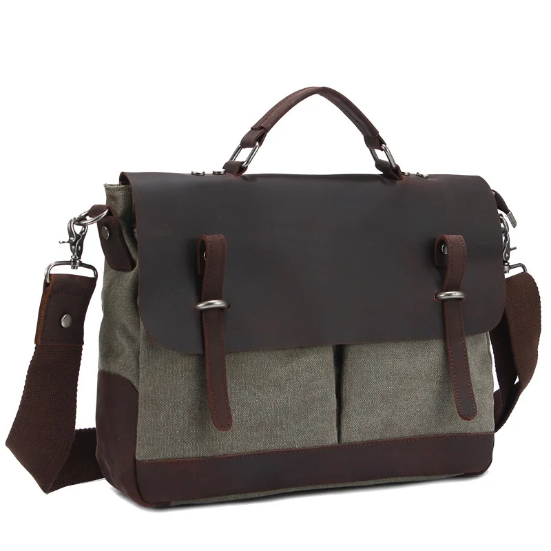 Fashion Genuine Leather Canvas Men's Briefcase Genuine Leather